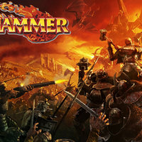 Warhammer Fantasy Logo and a scene from an in-game battle.