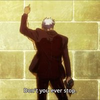 Don't You Ever Stop Anime character Orga Itsuka facing a wall and subtitles that read Don't you ever stop