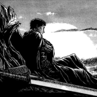Manga panel Guts and his sword resting against a tree stump