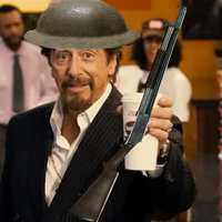Dunkaccino Al Pacino holding out a Dunkin cup with a photoshopped gun and soldier helmet