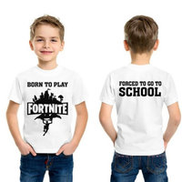 Born to X, Forced to Y young boy in a shirt that says BORN TO PLAY FORTNITE on the front and FORCED TO GO TO SCHOOL on the back