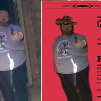 man in purple shirt pointing gun at the viewer and edited photo of him as a gunfighter in a cowboy hat 