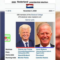 Trump vs. Biden Election Parodies 2020 Nederland election
November 3, 2020
538 members the Electoral College
270 electoral votes needed to win
Donne-Jan Tromp Christelijk RepubIikeinse
Volkspartij (CRV) 
Noord-Brabant
Michiel penks
Joost Bijdens
Liberaal-Democratisch
Appil (LDA)
Flevoland
Camelia Haares