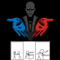 Morpheus from the Matrix offering the Blue Pill and Red Pill with an xkcd comic showing a stick figure crushing and snorting both.
