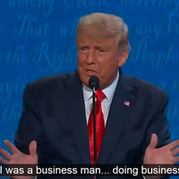 I Was a Business Man Doing Business Image of donald trump at the 2020 us presidential debate saying, "I was a businessman doing business"