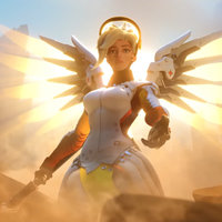 Mercy Offers a Hand Mercy with wings spread open offering a hand