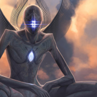 fantasy drawing of a god like figure with wings and multiple glowing eyes