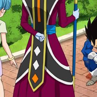 Dragon Ball anime Vegeta kneeling before Whis and Bulma