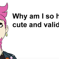 Pink-haired Enbie Pink haired character with the trans flag drawn on their face "Why am I so heckin' cute and valid?"