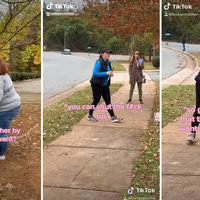 Sky Daddy people arguing outside an abortion clinic with one saying "is that the validation you want from sky daddy?"
