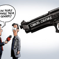 Cancel Culture Gun Illustration of a man labeled as "science" being asked if people can change their gender while a huge gun labeled as "cancel culture" is aimed at him
