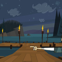 Character Chris McClean pointing at the dock of shame from which losers leave the island