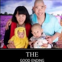 Good Ending / Bad Ending Demotivational poster labeled THE GOOD ENDING family photo of the Xue Hua Piao Piao guy with a woman and two kids