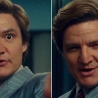 Life Is Good, But It Can Be Better Pedro Pascal as Maxwell Lord pointing towards the camera on the left and smiling on the right.