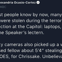 Congresswoman Alexandria Ocasio-Cortez's Stolen Shoes Tweet Tweet by Alexandria Ocasio-Cortez
@AOC
As most people know by now, many
things were stolen during the terrorist
insurrection at the Capitol: laptops, mail,
even the Speaker's lectern.
Security cameras also picked up a well-
disguised fellow about 5'4" stealing all of
my SHOES, for Chrissake. Unbelievable