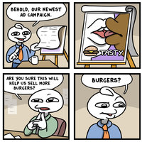 Comic showing a person revealing a new ad campaign depicting people kissing and another person wondering if it will help sell more burgers