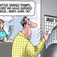 Living in 1984 Man flipping 2020 calendar page to reveal the year is 1984 and woman saying "Twitter banned Trump's account and Google suspended Parler... What's going on?"