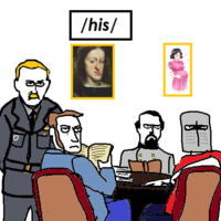 Four historical characters around a table holding books