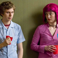 Scott and Ramona holding red cups in the Scott Pilgrim vs. the World movie