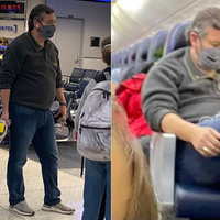 two photos of ted cruz one at the airport one on a plane