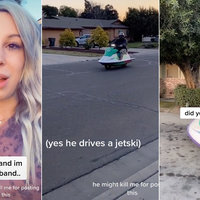 screenshots deestemplexoxo's tiktok in which she explains that she backed into a pole with a car and her husband comes home riding a modified jetski motorcycle