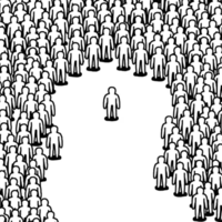 single person standing in an empty space amid of a crowd of people