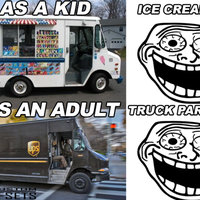 As a Kid / As An Adult As a Kid / As An Adult meme example showing reactions to ice cream and UPS trucks.