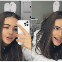 Girl posing for pics with her feet sticking up behind her for TikTok's Bugs Bunny Challenge.