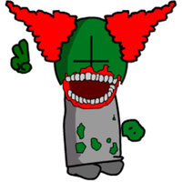 Tricky the Clown / Tiky Tricky the Clown / Tiky depicting a creepy clown character with red spikey hair, green skin and protruding teeth.