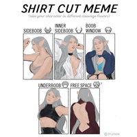 Shirt Cut Meme depicting a fan art drawing of an elf wearing a shirt cut in various ways to reveal cleavage.