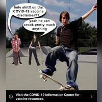 COVID-19 Vaccine Information Disclaimer meme example depicting a kid skateboarding at a park.