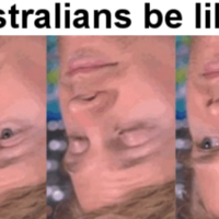 An image of the Blinking White Guy meme upside-down to represent Australia. 