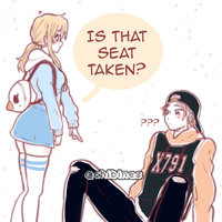 Is That Seat Taken? meme format depicting Fairy Tail character Lucy Heartphilia asking if she can take a seat in character Natsu Dragneel's lap.
