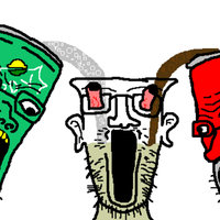Sproke Sproke fan art drawing depicting two soyjaks, one sprite can and one coke can, squirting soda into the mouth of another in the middle.