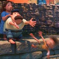 Lorenzo Pushing Child Screenshot of Lorenzo pushing a child off a ledge from the Disney movie luca used in the meme format.