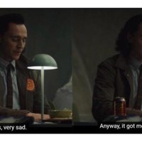 Yes, Very Sad / Anyway, It Got Me Thinking meme format depicting Loki from the Loki Disney+ tv series seated at a desk with a lamp.