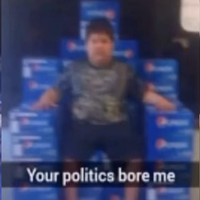 Your Politics Bore Me meme format depicting a kid sitting on a throne made out of Pepsi boxes.