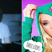 Bo Burnham from his Inside special, left, and Jenna Marbles' "Three Looks" song artwork, right.