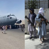 Images from the 2021 Taliban Offensive in Afghanistan, depicting a USAF plane on a runway surrounded by people, left, and three armed Taliban members, right.