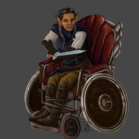 D&D Combat Wheelchair depicting an elf riding in a combat wheelchair wielding a sword.