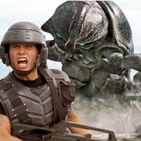 A Starship Trooper screaming as a giant bug attacks.