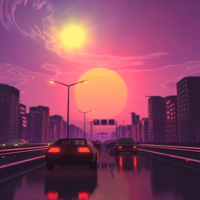Sergio Valentino's "Drive Forever" / Skryptonite's "Polozhenie" meme and song depicting a Synthwave/Retrowave cityscape with a setting sun.