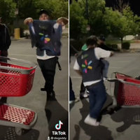 Walmart vs. Target Shopping Cart War Walmart vs. Target Shopping Cart War depicting screenshots from tiktok of people repping walmart while beating up a target shopping cart in a parking lot.