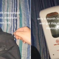 Got This Devious Lick From School tiktok trend and meme depicting a tiktoker revealing a stolen hand sanitizer dispenser from their school.