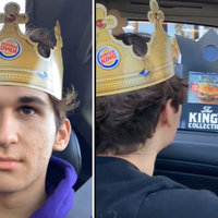 5 Whoppers and 5 More Whoppers meme depicting a man from the viral video wearing a burger king crown ordering food at a BK drive-thru.