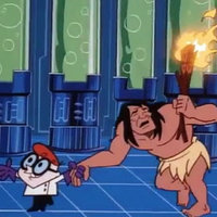 Dexter Showing Caveman His Lab meme format depicting dexter from dexter's laboratory guiding a cave man by the hand through his lab as the caveman looks confused.