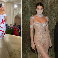 Two images from the 2021 Met Gala depicting AOC's tax the rich dress and Kendall Jenner next to Kim Kardashian in an all-black outfit.