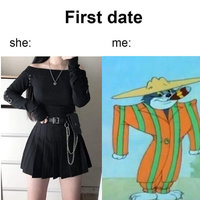 First Date: She vs. Me First Date: She vs. Me meme format depicting a girl in an all-black e-girl dress and Tom from Tom and Jerry wearing a zoot suit.