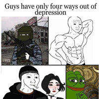 The original "Guys Have only Four Ways out Of Depression" meme depicting a wojak as a soldier, buff, a Doomer variant and then one of pepe the frog surrounded by cryptocurrency.