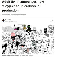 Adult Swim Soyjak Cartoon fake news article alluding to a wojak tv show based on the series of memes, depicting several soyjaks and wojaks.